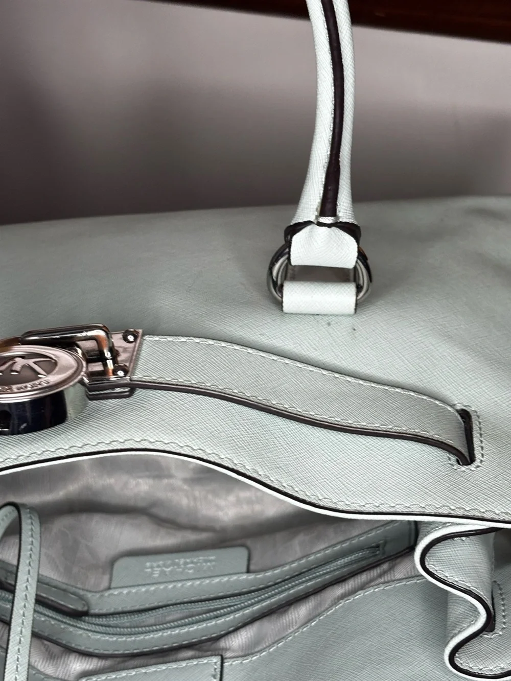 Michael Kors Hamilton Mint Green Saffiano Leather Satchel Tote Silver Lock Bag